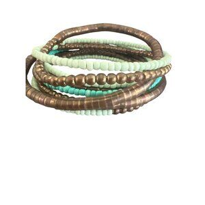 Memory Wire Cuff Bracelet Antique Brass Turquoise Color Boho Tribal Adj 7"